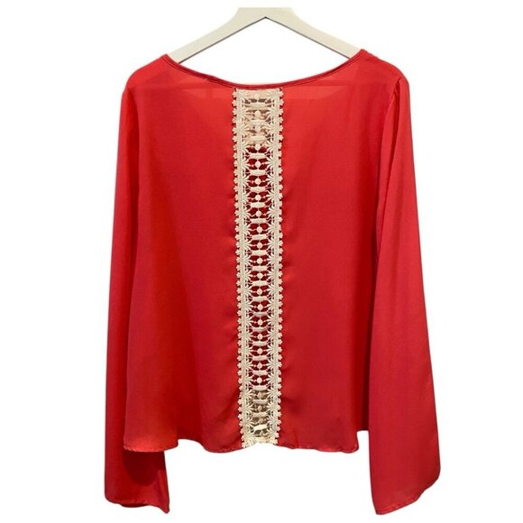 Pink Blush L Silk Rosy Pink Crochet Lace Feminine Flowy Blouse - Picture 3 of 16